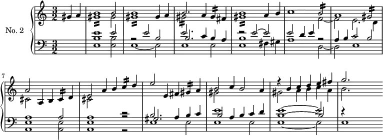 
\version "2.18.2"
\header {
  tagline = ##f
}

MordgisR   = { \tag #'print { gis1:16 } \tag #'midi { gis16 fis gis8~ gis4~ gis2 }  }

MordgisB   = { \tag #'print { gis2:16 } \tag #'midi { gis16 fis gis8~ gis4~ }  }
MordbB   = { \tag #'print { b2:16 } \tag #'midi { b16 a b8~ b4~ }  }

Mordgisq   = { \tag #'print { gis4:16 } \tag #'midi { gis16 fis gis8~ }  }
Mordcq   = { \tag #'print { c4:16 } \tag #'midi { c16 b c8~ }  }
Mordcisq   = { \tag #'print { cis4:16 } \tag #'midi { cis16 b cis8~ }  }

upper = \relative c'' {
  \clef treble 
  \key c \major
  \time 3/2
  \tempo 2 = 110
  %\autoBeamOff
  \set Staff.midiInstrument = #"harpsichord"

  \partial 2 gis4 a
  << { b1 b2 } \\ { \MordgisR gis2 } >>
  << { b1 gis4 a } \\ { \MordgisR } >>
  << { b2. a4 \Mordgisq fis } \\ { \MordgisB } >>
  << { b1 a4 b } \\ { \MordgisR } >>
  << { c1 \MordbB } \\ { s1 f2~ } >>
  % ms 7 
  << { a1 \MordgisB } \\ { f2 e2. d4 } >>
  << { a'2 a,4 b \Mordcisq d4 } \\ { cis2 } >>
  << { e2 a4 b \Mordcq d4 } \\ { cis,2 } >>
  << { e'2 e,4 fis \Mordgisq a4 } \\ {  } >>
  << { b2 c4 b2 a4 } \\ { gis2 } >>
  << { r4 b c d e fis g2. } \\ { gis,2 a4 b c a b2. } >>
  s4

}

lower = \relative c {
  \clef bass
  \key c \major
  \time 3/2
  \set Staff.midiInstrument = #"harpsichord"  
  s2
  << { e'1 e2 r2 e2 b e2. } \\ { < b e, >1 < b e, >2 e,1~ e2 e1 e2 < b' e, >1 fis4 gis } \\ { s1. s1. b2. c4 b a r2 e'2~ e } >>
  << { e2 d4 e r2 } \\ { a,1 d,2~ } >>
  << { a'4 b c2 b } \\ { d, e1 } >>
  << { a1 a2 } \\ { < e a, >1 < e a, >2 } >>
  << { a1 r2 } \\ { < e a, >1 r2 } \\ {s1 r2} >>

  % ms 10
  << { b'2. a4 b c } \\ { e,1 e2 } \\ { gis2. } >>
  << { e'1 c4 d } \\ { e,1 e2 } \\ { b'2 a4 b } >>
  << { e1~ e2 } \\ { e,1~ e2 } \\ { b'1~ b2 } >>
  << { r4 } \\ { e,1 } >>
   
}

thePianoStaff = \new PianoStaff <<
    \set PianoStaff.instrumentName = #"No. 2"
    \new Staff = "upper" \upper
    \new Staff = "lower" \lower
  >>

\score {
  \keepWithTag #'print \thePianoStaff
  \layout {
    \context {
      \Score
      \remove "Metronome_mark_engraver" 
    }
  }
}

\score {
  \keepWithTag #'midi \thePianoStaff
  \midi { }
}

