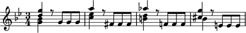 
\header {
  tagline = ##f
}

\score {
  \new Staff \with {

  }
<<
  \relative c'' {
    \key bes \major
    \time 3/4
    \override TupletBracket #'bracket-visibility = ##f 
    %\autoBeamOff

     %%%%%%% K15p
     << { <g' d>4 r8 g,8 g g } \\ { <bes g>4 } >>
     << { a'4 r8 fis,8 fis fis } \\ { < ees' c >4 } >>
     << { aes4 r8 f,!8 f f } \\ { < d' b! >4 } >>
     << { < g cis, >4 r8 e,!8 e e } \\ { bes'4 } >>
     
  }
>>
  \layout {
    \context {
      \remove "Metronome_mark_engraver"
    }
  }
  \midi {}
}
