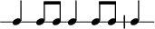 
\header {
  tagline = ##f
}

\score {
  \new RhythmicStaff {
    \time 2/2
    \numericTimeSignature
    \omit Staff.TimeSignature

   c4 c8 c c4 c8 c c4

  }
  \layout {
   % indent = #0
  }
  \midi {}
}
