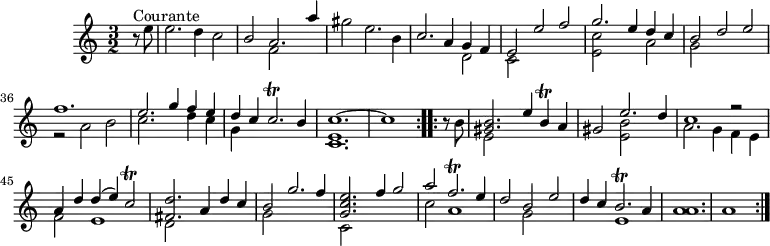 
\version "2.18.2"
\header {
  tagline = ##f
}

\score {
  \new Staff \with {
  }
  \relative c'' {
    \key c \major
    \time 3/2
    \tempo 2 = 86
    \autoBeamOff
    \clef treble
    \override Rest #'style = #'classical
    \set Score.currentBarNumber = #29
    \set Staff.midiInstrument = #"violin"

  \repeat volta 2 {
  \partial 4
  r8^"Courante" e8 | e2. d4 c2 |
  << { b2 a2. a'4 } \\ { s2 f,2 } >>
  gis'2 e2. b4
  << { c2. a4 g f } \\ { s1 d2 } >>
  << { e2 e' f } \\ { c,2 } >>
  << { g''2. e4 d c } \\ { << e,2 c' >> s2 a2 } >>
  << { b2 d e } \\ { g,2 } >>
  << { f'1. } \\ { r2 a,2 b } >>
  << { e2. g4 f e } \\ { c2. s4 d c } >>
  << { d4 c c2.\trill b4 } \\ { g4 } >>
  << { c1.~ c1 } \\ { << c,1. e >> } >>
  }
  \set Score.currentBarNumber = #41
  \repeat volta 2 {
  \partial 4 r8 b'8
  << { << gis2. b >> e4 b\trill a } \\ { e2 } >>
  << { gis2 e'2. d4 } \\ { s2 << e,2 b' >> } >>
  << { c1 r2 } \\ { a2. g4 f e } >>
  << { a4 d d( e) c2\trill } \\ { f,2 e1 } >> 
  << { << fis2. d' >> a4 d c } \\ { d,2 } >>
  << { b'2 g'2. f4 } \\ { g,2 } >>
  << { << g2. c e >> f4 g2 } \\ { c,,2 } >>
  << { a''2 f2.\trill e4 } \\ { c2 a1 } >>
  << { d2 b e } \\ { s2 g,2 } >>
  << { d'4 c b2.\trill a4 } \\ { s2 e1 } >>
  << a1. a1. >>
  a1

  }

  }
  \layout {
    \context {
      \Score
      \remove "Metronome_mark_engraver"
    }
  }
  \midi {}
}
