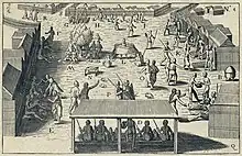Grande place de marché autour de laquelle se trouvent plus d'une vingtaine de maisonnées avec des comptoirs de vente d'esclaves et un espace couvert pour la noblesse africaine et les Caboceers.