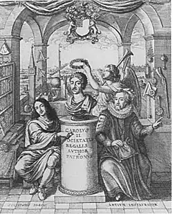 Différentes femmes et un homme couronnent de lauriers le buste d'un savant. Sorte de temple du savoir à colonnes et arches, inscription sur le soubassement du buste.