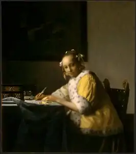 Johannes Vermeer, Jeune femme écrivant une lettre, vers 1665-1666, 45&nbsp;×&nbsp;39,9&nbsp;cm, Washington, National Gallery of Art.