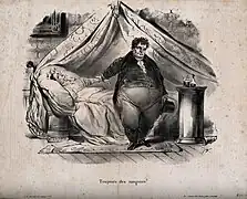 Dessin (caricature) d'un médecin obèse prescrivant une hirudothérapie à une jeunefemme alitée