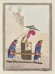 caricature. Dame transportée en chaise à porteurs, la coiffure emplumée démesurée sortant du toit