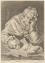 Un saint assis à une table avec sa main droite reposant sur un crâne, d'un portefeuille de reproductions de la galerie impériale de peintures à Vienne; plaque 33 de la série, feuille: 22 × 15,3&nbsp;cm, Metropolitan Museum of Art, New York .