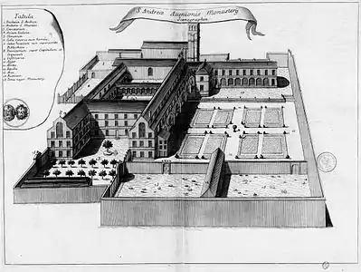 Projet de reconstruction au XVIIe&nbsp;siècle, planche gravée du Monasticon Gallicanum.