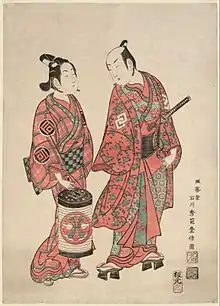 Estampe des acteurs de théâtre kabuki Nakamura Shichisaburō II et Sanogawa Ichimatsu par Ishikawa Toyonobu, signée « Meijōdō Ishikawa Shūha Toyonobu zu », 1740.
