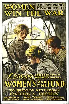 Dessin de trois femmes travaillant à un tour dans une usine. Par la fenêtre, derrière elles, on aperçoit un bâtiment portant le sigle YWCA (Young Women's Christian Association). Un texte en anglais précise que 25&nbsp;000&nbsp;livres sont immédiatement nécessaires pour pourvoir à des salles de repos, des cantines et des hôtels.