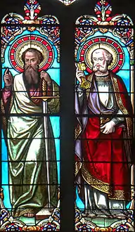 Vitrail de saint Paul et saint Pierre avec signature du maître-verrier Joseph Villiet.