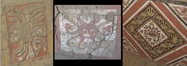 De gauche à droite : Forme arachnide - Avec deux serpents lui sortant de la tête - Tel qu'il est présenté à la Huaca de la Luna.