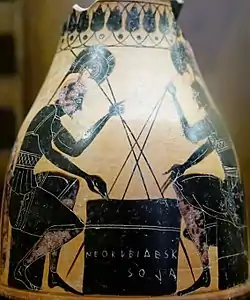 Achille et Ajax absorbés par un jeu de dés et de pions, œnochoé à figures noires (530 a.C.).