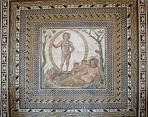 Partie centrale de la grande mosaïque de la villa romaine de Sentinum (actuelle Sassoferrato), v.&nbsp;200-250 apr. J.-C. conservée dans la Glyptothèque de Munich.