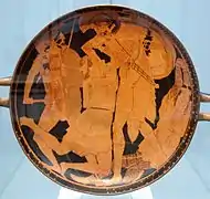 «&nbsp;Achille et Penthésilée&nbsp;», (Grecs et Amazones). Peintre de Penthésilée. 470-460.  Coupe, D. 43&nbsp;cm. Munich.