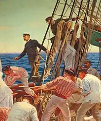 Albert&nbsp;Ier de Monaco agrippé aux haubans du navire. Détail de la fresque du grand Amphithéâtre « le Pont de la Princesse Alice » par L.Tinayre et Alexandre Jean-Baptiste Brun.