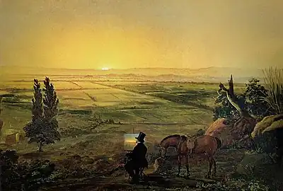 Alejandro Ciccarelli&nbsp;(es) (Chili) Vista de Santiago de Chile desde Peñalolén (Vue de Santiago depuis Peñalolén, 1853, Pinacoteca Banco Santander à Santiago).