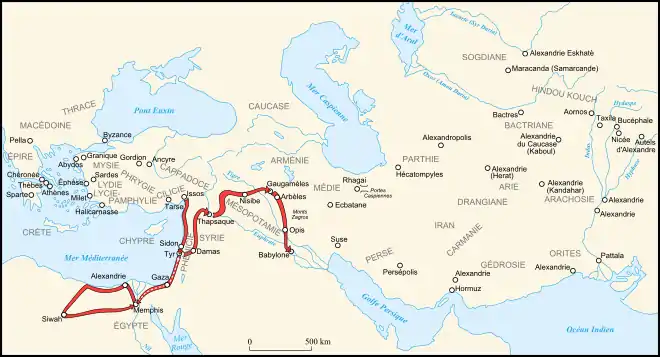 Carte de l'Itinéraire d'Alexandre au cours des années 332 et 331