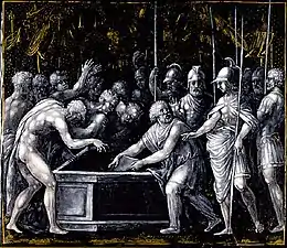 Alexandre fait placer l'Iliade d'Homère dans un coffre très précieux, par Jean Pénicaud III (fin XVIe&nbsp;siècle, Saint-Louis).