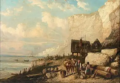 Colporteurs dans un petit port sur fond de falaise.