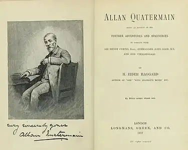 Portrait et signature autographe en frontispice d'Allan Quatermain, héros fictionnel inventé par Henry Rider Haggard : l'édition de 1887 des Mines du roi Salomon proposait aussi une carte dépliante en ouverture