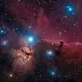 Régions proches d'IC 434 avec la nébuleuse voisine de la Flamme (NGC 2024), en jaune (photographie amateur).