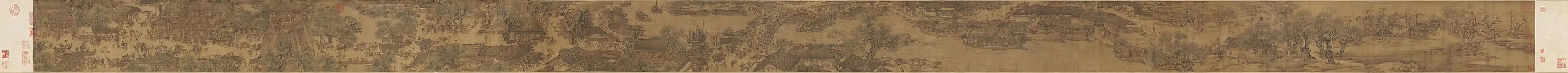 Animation au bord de la rivière [de la capitale] durant la fête Qingming. Peintre de l'Académie Hanlin, début XIe&nbsp;siècle, encre et couleurs sur soie, 24&nbsp;×&nbsp;528&nbsp;cm. Musée du Palais, Pékin.