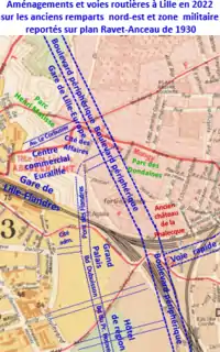 Aménagements et voies routières sur anciens remparts et zone militaire nord-est de Lille