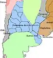 Amérique australe au moment des indépendances en 1821. En vert pâle, territoires indiens.