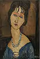 Peinture en buste d'une femme cheveux relevés avec un gros collier