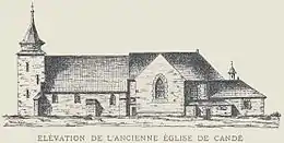 Façade sud de l'église de Candé au début du XIXe&nbsp;siècle.