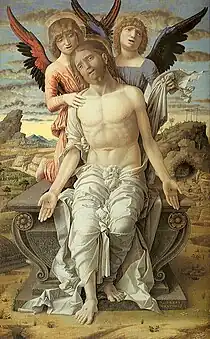Andrea Mantegna, Le Christ mort soutenu par deux anges, 1489, huile sur panneau, 83 × 51 cm.