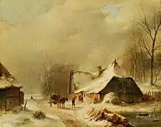Andreas Schelfhout : Winterlandschap met paard en wagen in de voorkant van een besneeuwde boerderij.