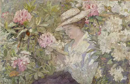 Femme lisant dans un massif de rhododendronscollection privée