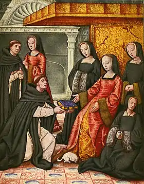 Anne de Bretagne recevant un manuscrit d'Antoine Dufour, miniature attribuée à Jehan Perréal, vers 1508