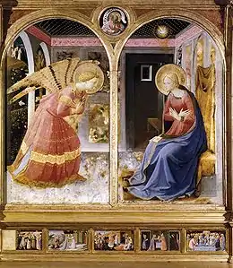Peinture. L'ange s'incline vers Marie dans une pièce ouverte devant et à gauche.