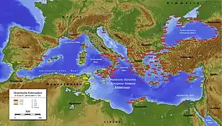 La Méditerranée au VIe&nbsp;siècle&nbsp;av. J.-C. En jaune : les cités phéniciennes. En rouge : les cités grecques. En gris : les autres cités.