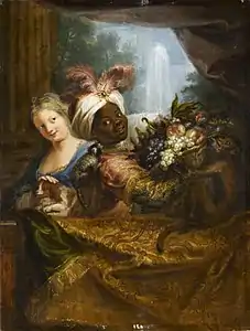 Angola, trompette du roi Louis XIV, tenant une corbeille de fruitsmusée du Louvre.