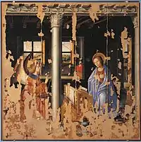 L'Annonciation, 1474, huile sur noyer transférée sur toile, 180&nbsp;×&nbsp;180&nbsp;cm, Syracuse, Musée du Palais Bellomo