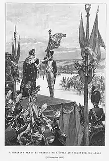 Gravure représentant Napoléon&nbsp;Ier remettant le drapeau de l'École à Arago