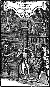 Harlequin lingère au palais, gravure du XVIIe&nbsp;siècle