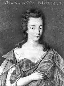 Photographie en noir et blanc d'une gravure représentant une femme de face en buste.
