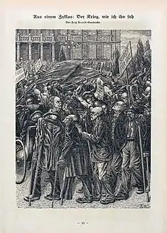 Défilé de mutilés de guerre : « La fin d'un cycle : la guerre comme je l'ai vue » dessin de Fritz Arnold&nbsp;(de), Simplicissimus, v. 1918-1921