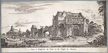 Gravure d'Israël Silvestre représentant le pont et le temple (à gauche) de Charenton vers 1660