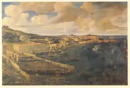 Vieux-Port de Marseille, ciel nuageux, nombreux bateaux dans la rade. Le bâtiment de l'Arsenal est au centre gauche du tableau. Nombreuses galères en construction avec foule de personnages s'affairant au premier plan ; au loin, l'archipel du Frioul et l'ancien fort remplacé ensuite par Notre Dame de La Garde.