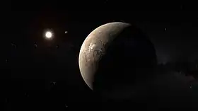 Vue d'artiste de Proxima Centauri b autour de la naine rouge Proxima Centauri. L'étoile binaire Alpha Centauri AB est visible à l'arrière-plan.