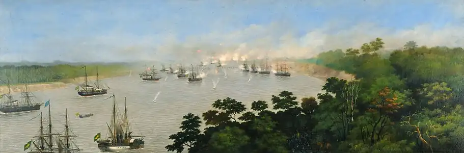 Attaque de la flotte brésilienne aux batteries de Curupaytí le 22 septembre 1866 (n. c.).