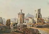 Athènes. Le Monument chorégique de Lysicrate et le quartier ruiné de Fanari, depuis le Nord-Est.