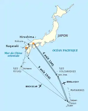 Carte schématisant les trajets des bombardiers vers le Japon et leur retour.