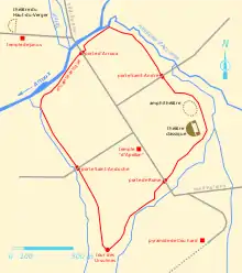 Emplacement de quelques monuments sur le plan d'une ville antique.