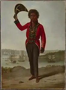 Portrait of Bungaree, a native of New South Wales, with Fort Macquarie, Sydney Harbour, in background, 1826, huile sur toile, 68.5 x 50,5&nbsp;cm, National Library of Australia